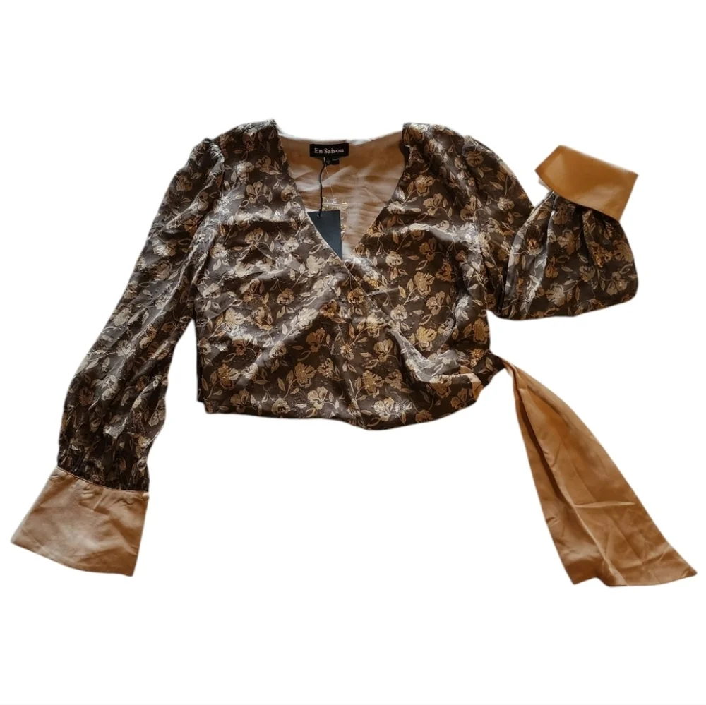 Anthropologie En Saison Wrap Blouse Brown Floral Jacquard Puff Sleeve Tie L NWT - Picture 2 of 16